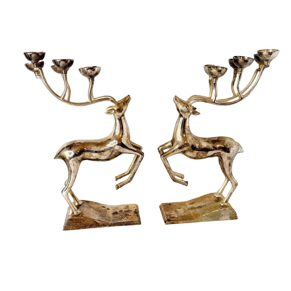 Vintage Silver-Plated 6 Antler Reindeer Statue Candle Holder 12" Set of 2